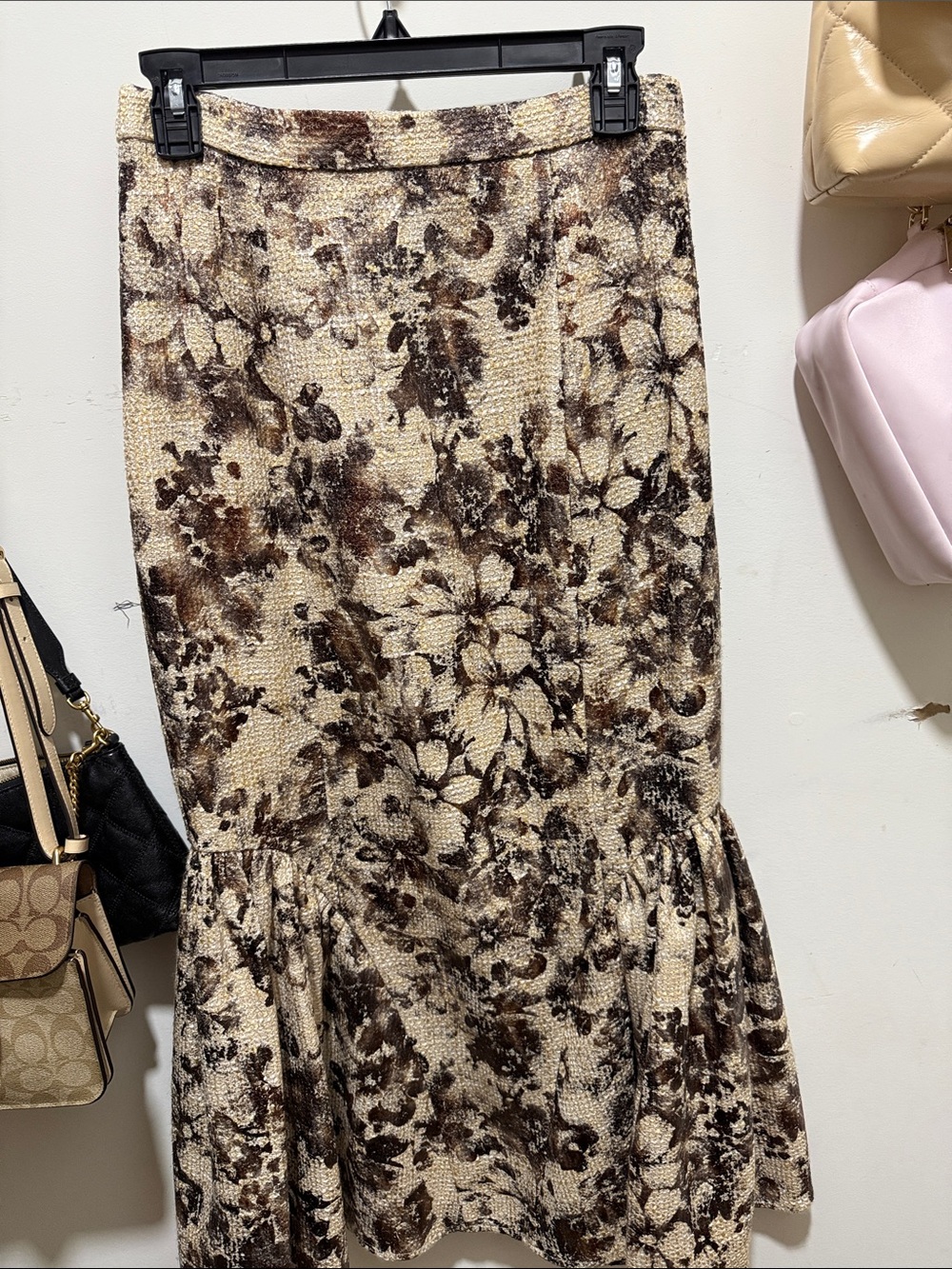 Marchesa Beige and Brown Floral Ruffle-Hem Midi Skirt